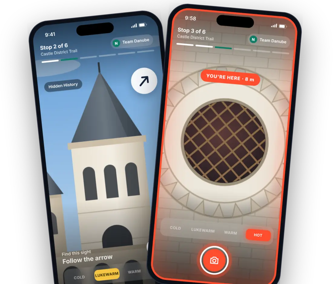 Design of the Vistrail app: following the arrow to a sight, and the hot capture screen
