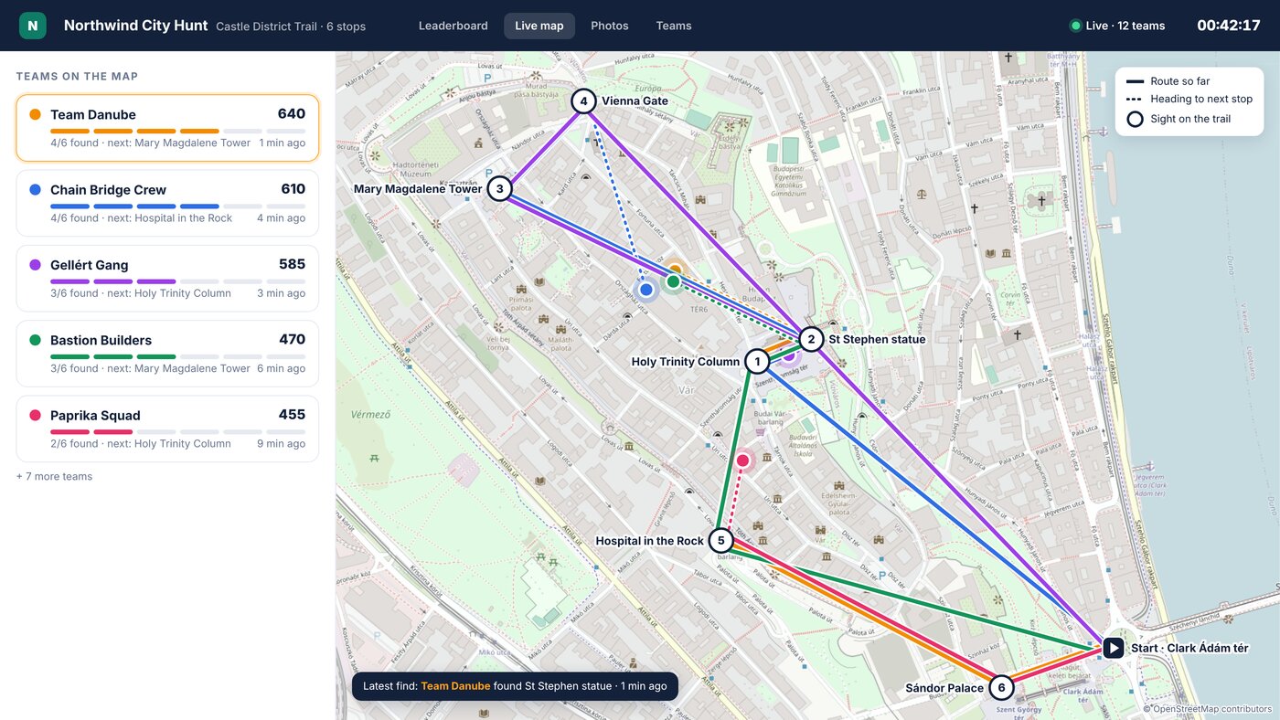 Design of the organiser live map: each team's found sights connected in its own colour on a map of the Buda Castle District